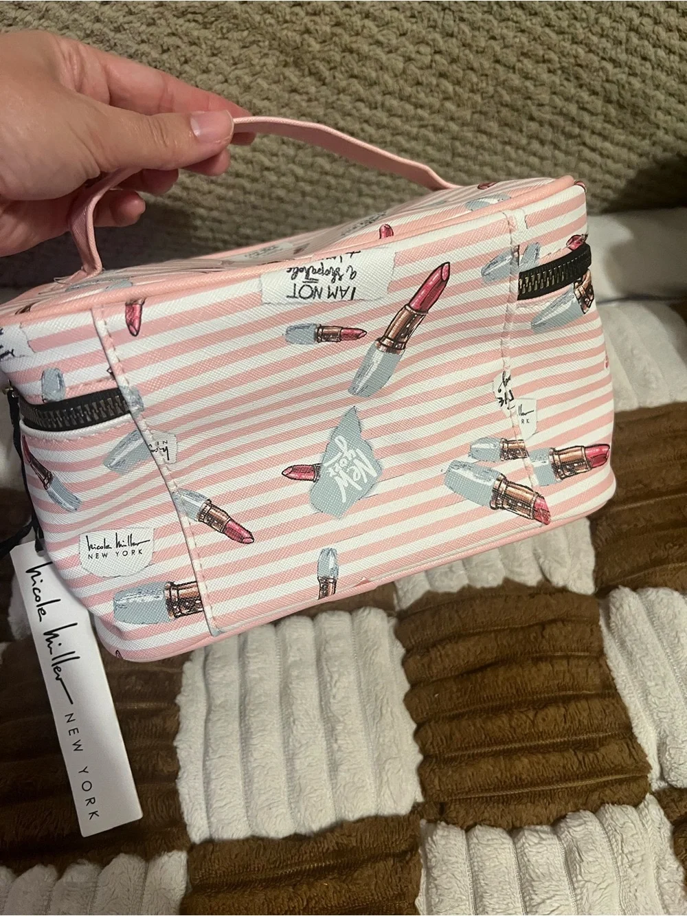 Pink Striped Cosmetic Train Case with Lipstick Print
